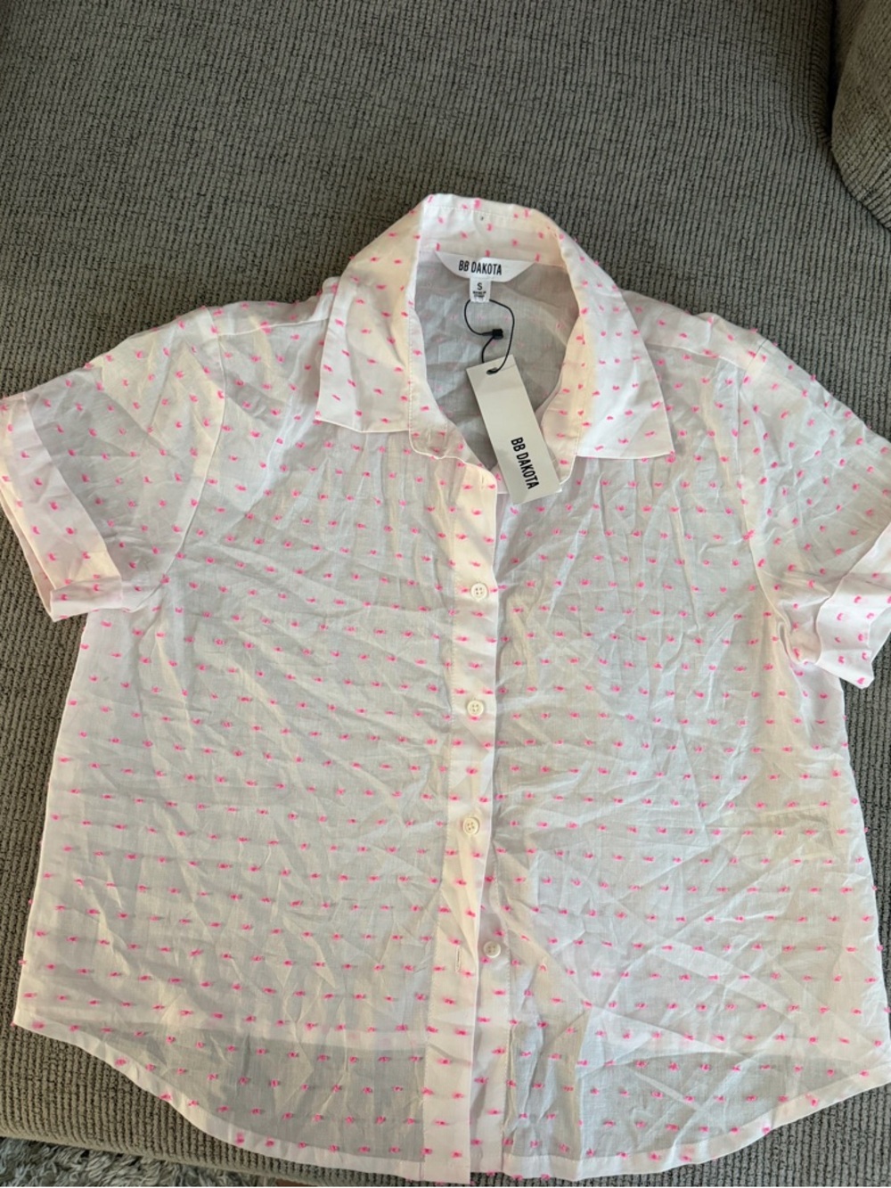 BB Dakota White Short Sleeve Button Down with Pink Dot Print